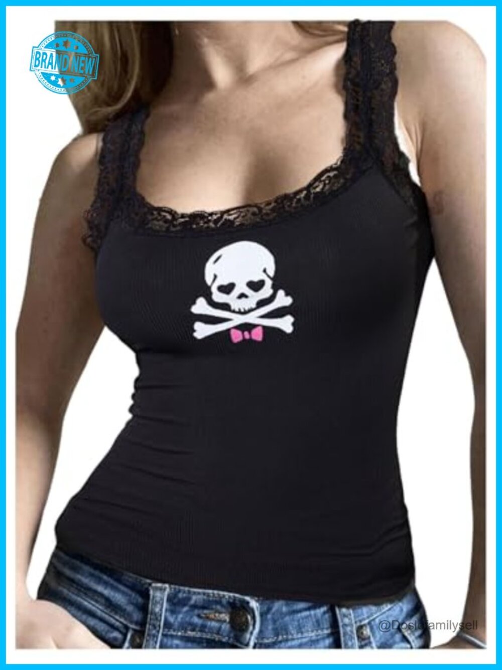 Women's Skull Print Lace Trim Sleeveless Rib Knit Cami Tank Top